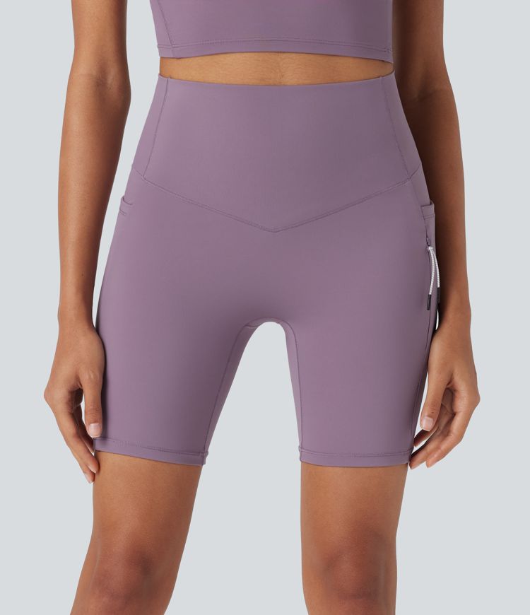 pantalones cortos de ciclismo halara ultrasculpt cool de secado rápido cintura alta control de abdomen para senderismo 7 con bolsillos upf 50