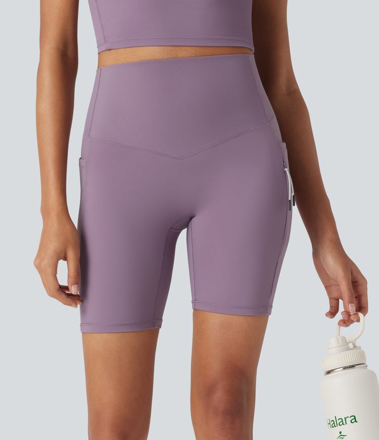 pantalones cortos de ciclismo halara ultrasculpt cool de secado rápido cintura alta control de abdomen para senderismo 7 con bolsillos upf 50