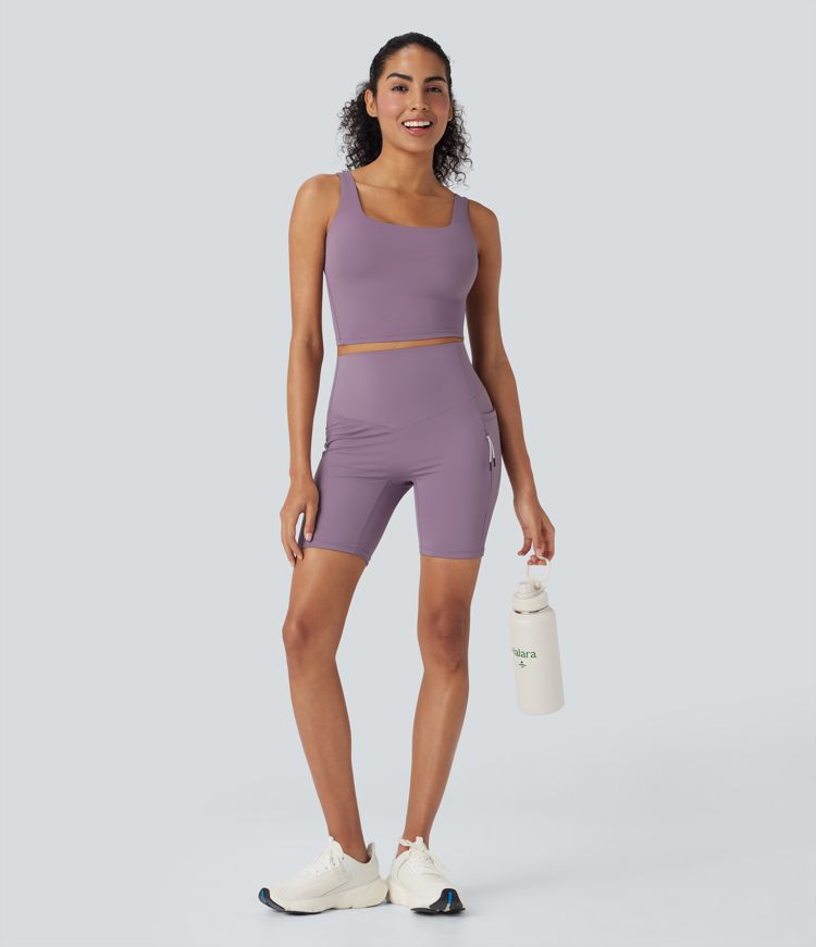 pantalones cortos de ciclismo halara ultrasculpt cool de secado rápido cintura alta control de abdomen para senderismo 7 con bolsillos upf 50