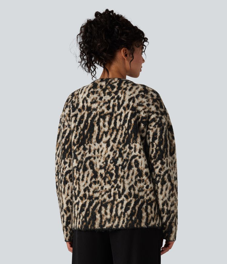 cárdigan informal de mezcla de lana con estampado de leopardo y cuello en v