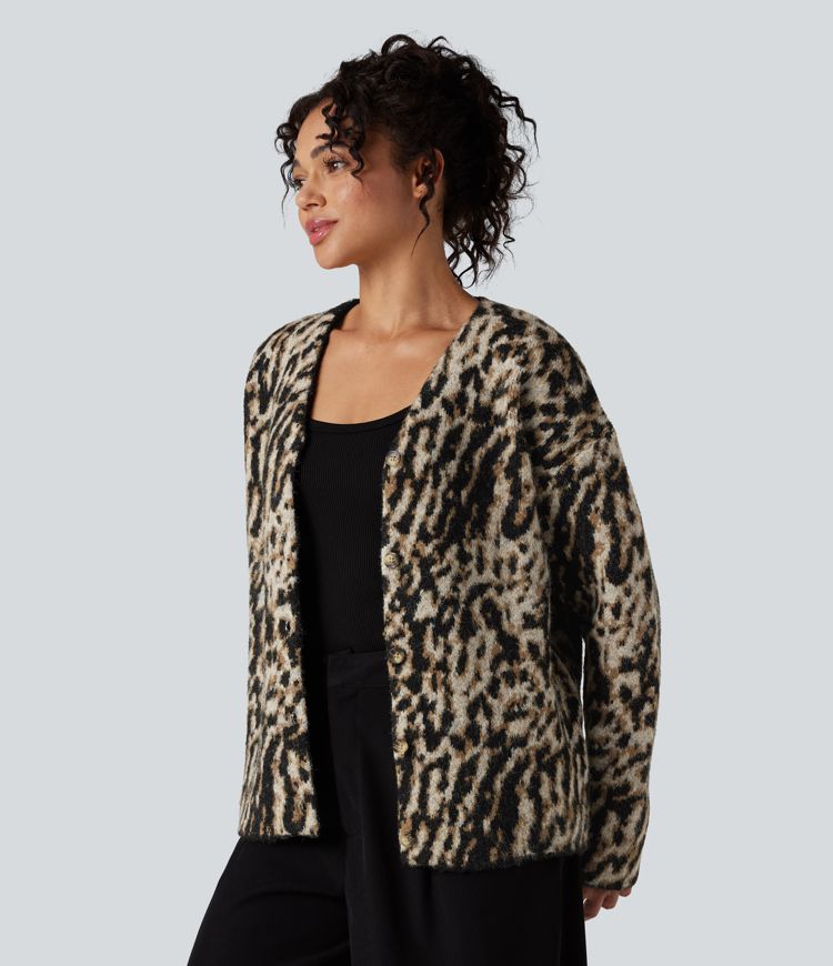 cárdigan informal de mezcla de lana con estampado de leopardo y cuello en v