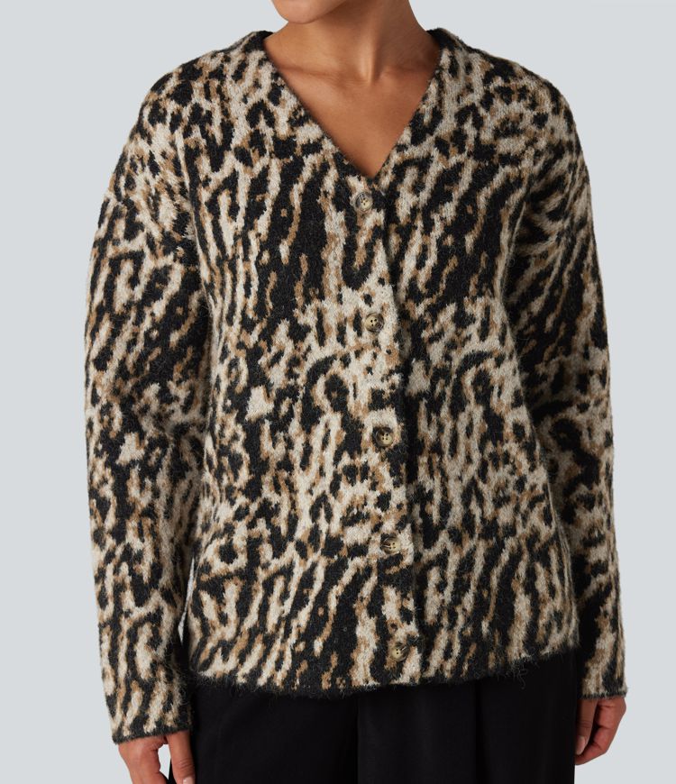 cárdigan informal de mezcla de lana con estampado de leopardo y cuello en v