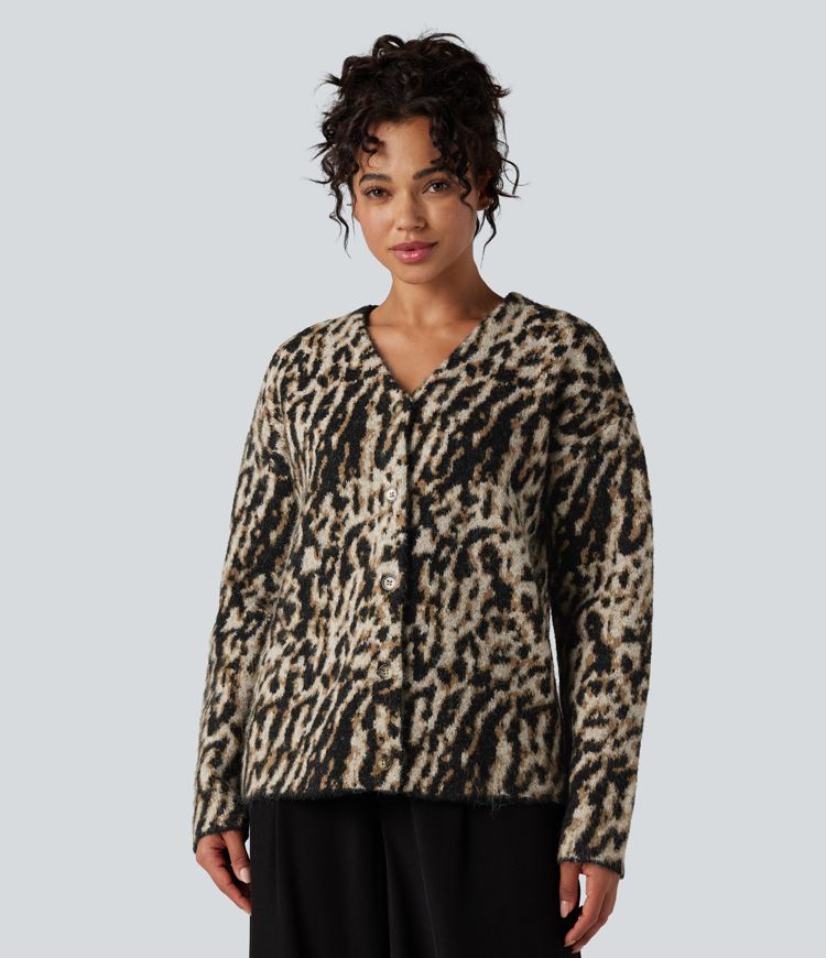 cárdigan informal de mezcla de lana con estampado de leopardo y cuello en v