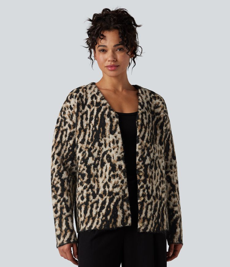 cárdigan informal de mezcla de lana con estampado de leopardo y cuello en v