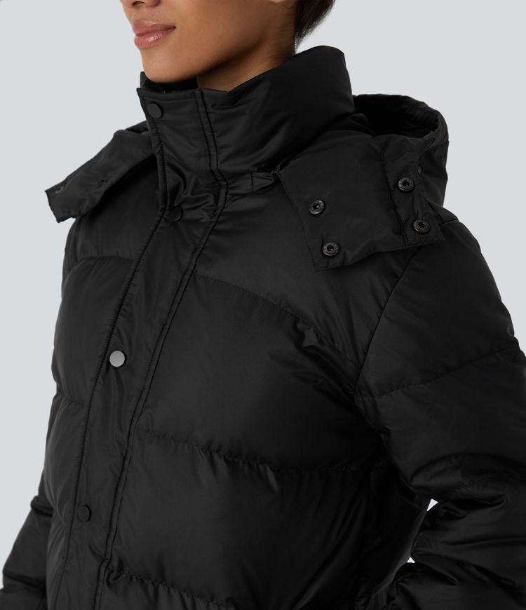 chaqueta acolchada informal con capucha extraíble cuello alto cremallera y bolsillos de manga larga.