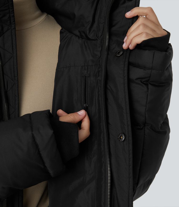 chaqueta acolchada informal con capucha extraíble cuello alto cremallera y bolsillos de manga larga.