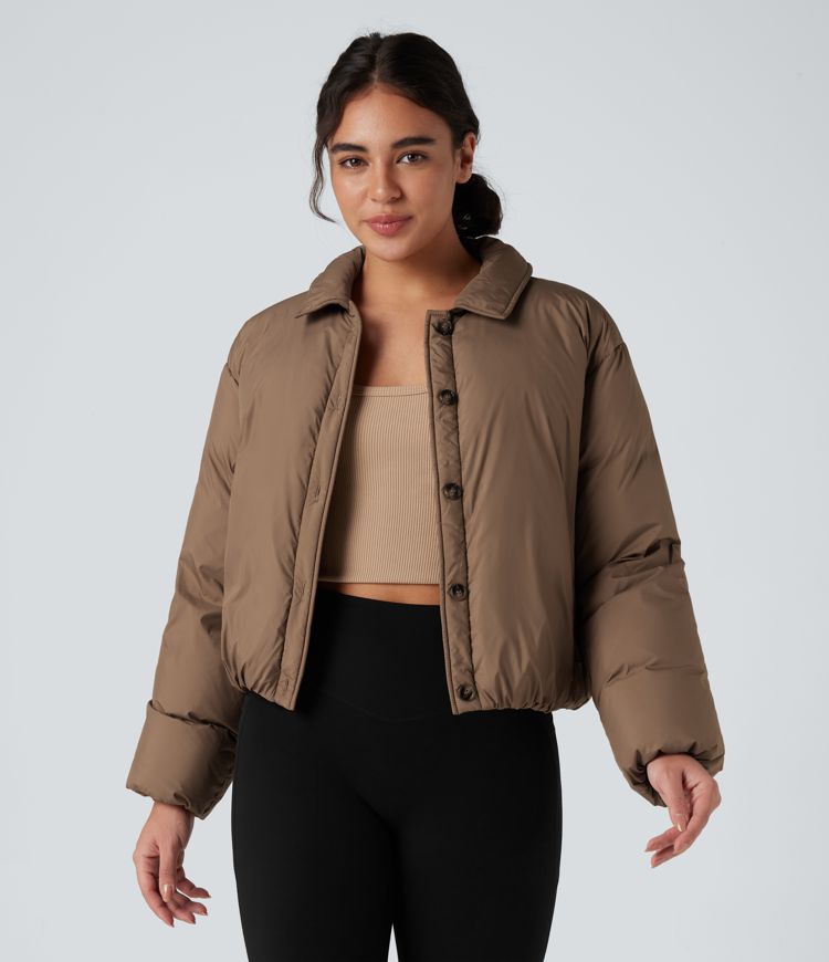 chaqueta acolchada informal de manga larga con cuello repelente al agua y botones con bolsillos