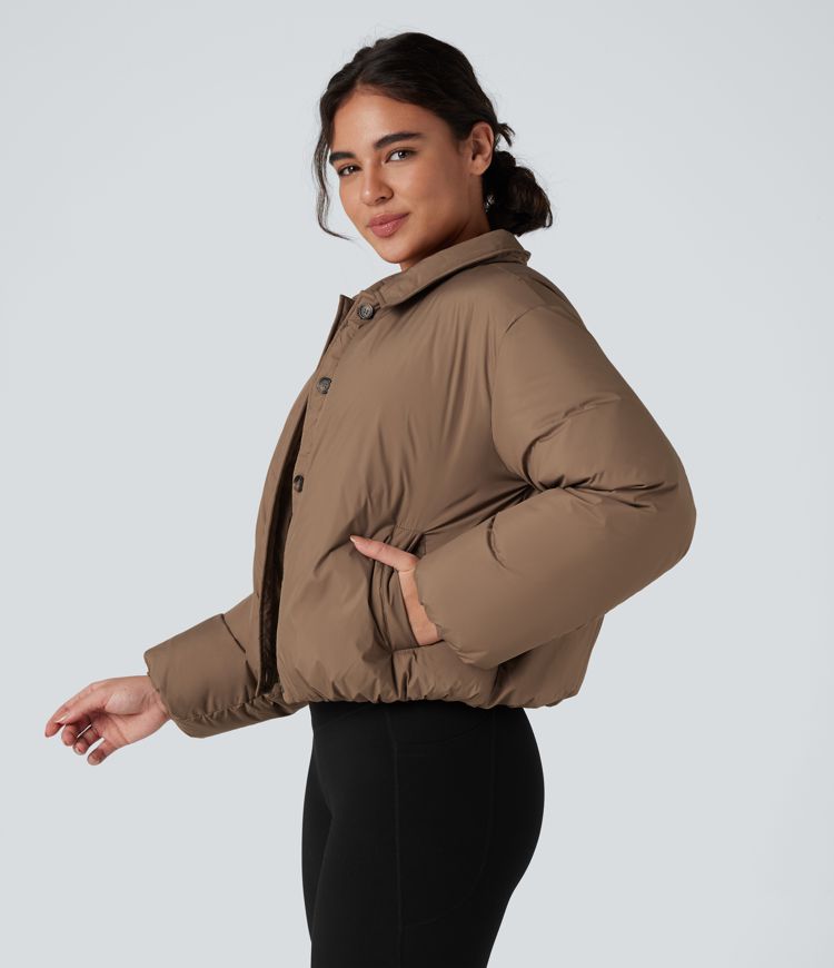 chaqueta acolchada informal de manga larga con cuello repelente al agua y botones con bolsillos