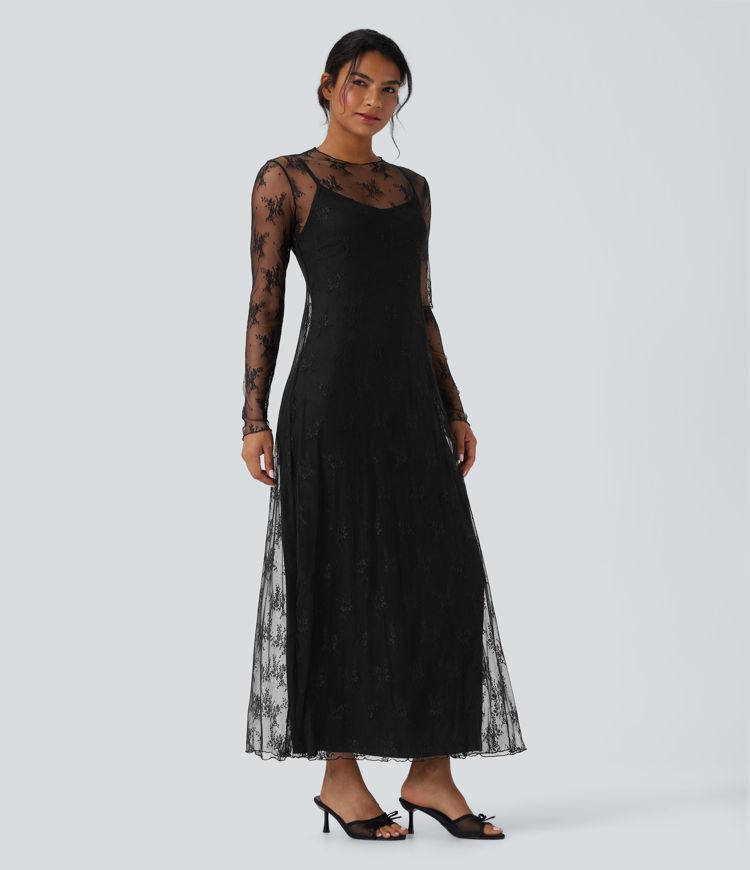 vestido maxi casual de encaje de dos piezas con manga larga