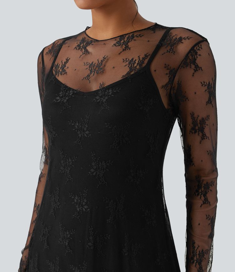 vestido maxi casual de encaje de dos piezas con manga larga