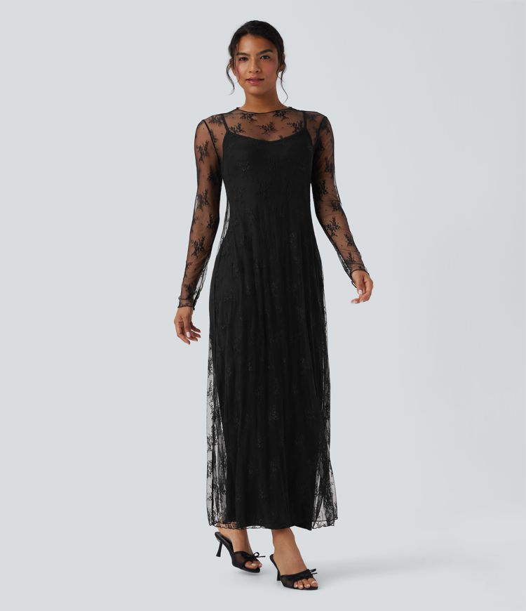 vestido maxi casual de encaje de dos piezas con manga larga