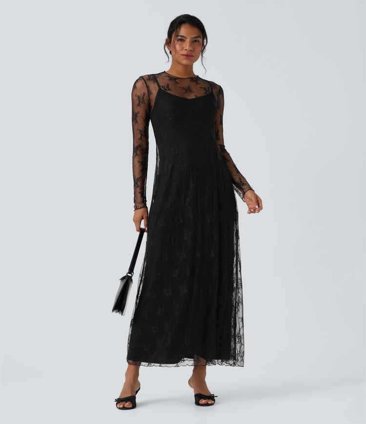 vestido maxi casual de encaje de dos piezas con manga larga