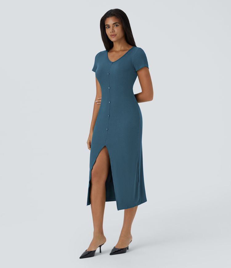 vestido midi de punto acanalado con cuello en v