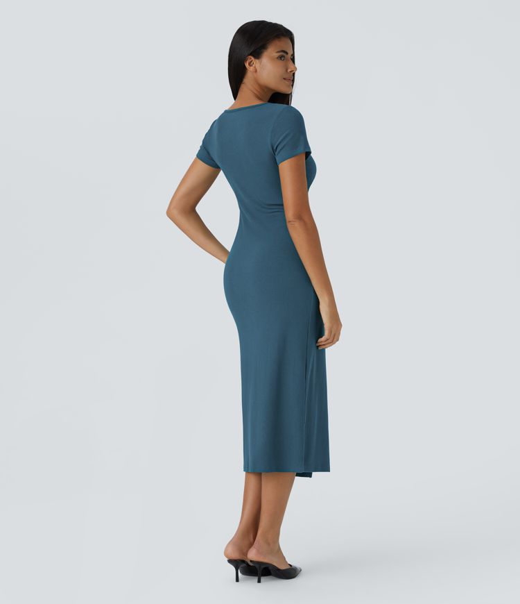 vestido midi de punto acanalado con cuello en v