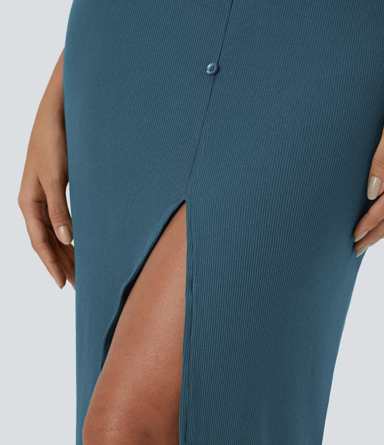 vestido midi de punto acanalado con cuello en v
