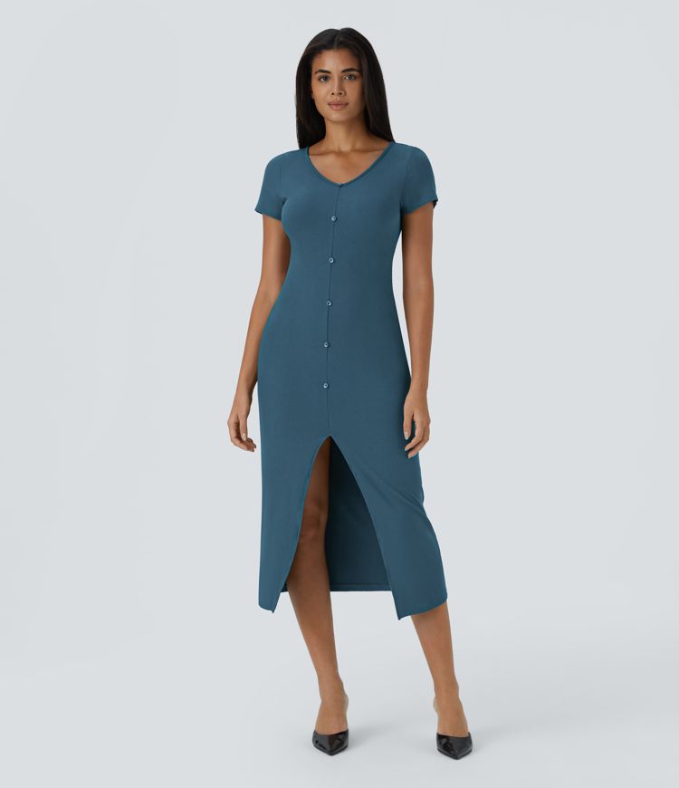 vestido midi de punto acanalado con cuello en v