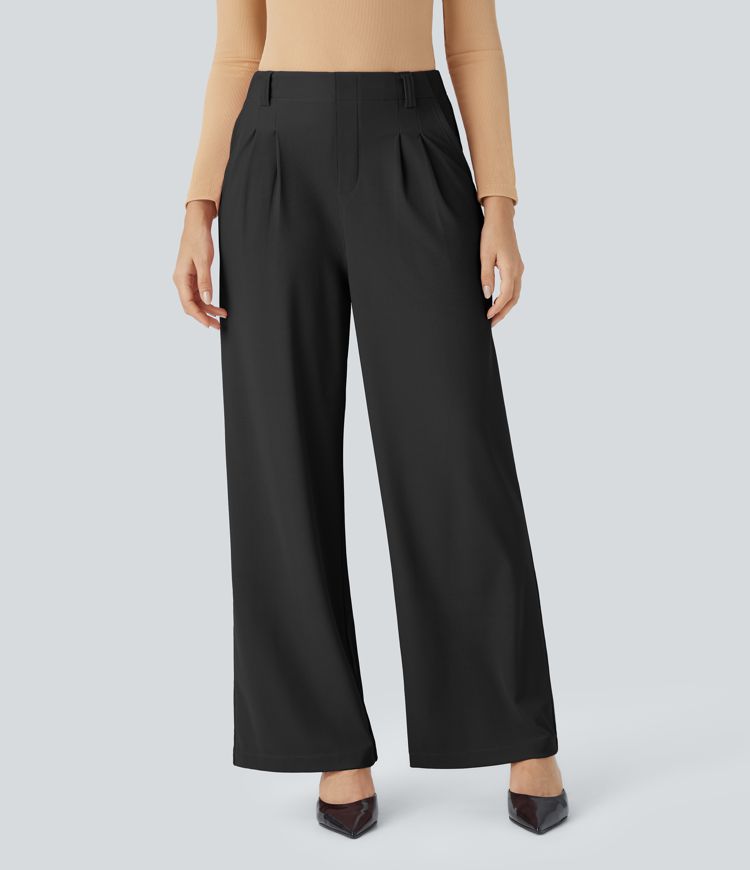pantalones de trabajo halara flex de cintura alta pierna ancha y bolsillos con microgofre