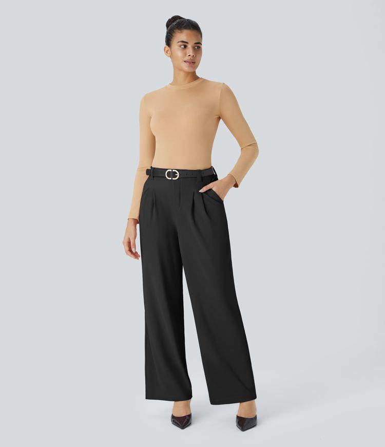 pantalones de trabajo halara flex de cintura alta pierna ancha y bolsillos con microgofre