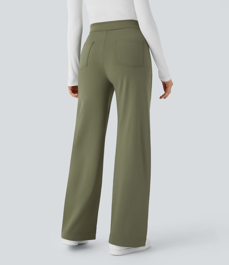 pantalones casuales de pierna recta con bolsillos y cintura alta de felpa térmica softlyzero
