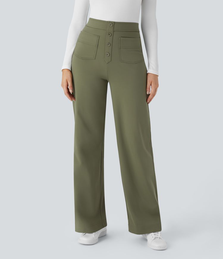 pantalones casuales de pierna recta con bolsillos y cintura alta de felpa térmica softlyzero