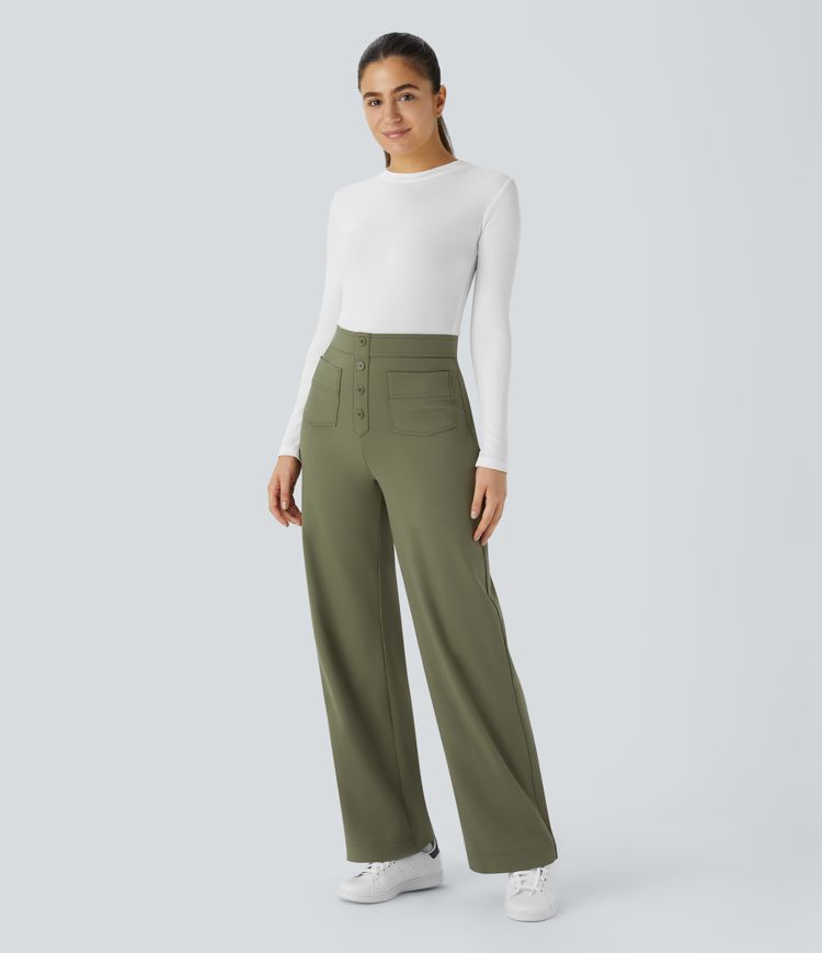 pantalones casuales de pierna recta con bolsillos y cintura alta de felpa térmica softlyzero
