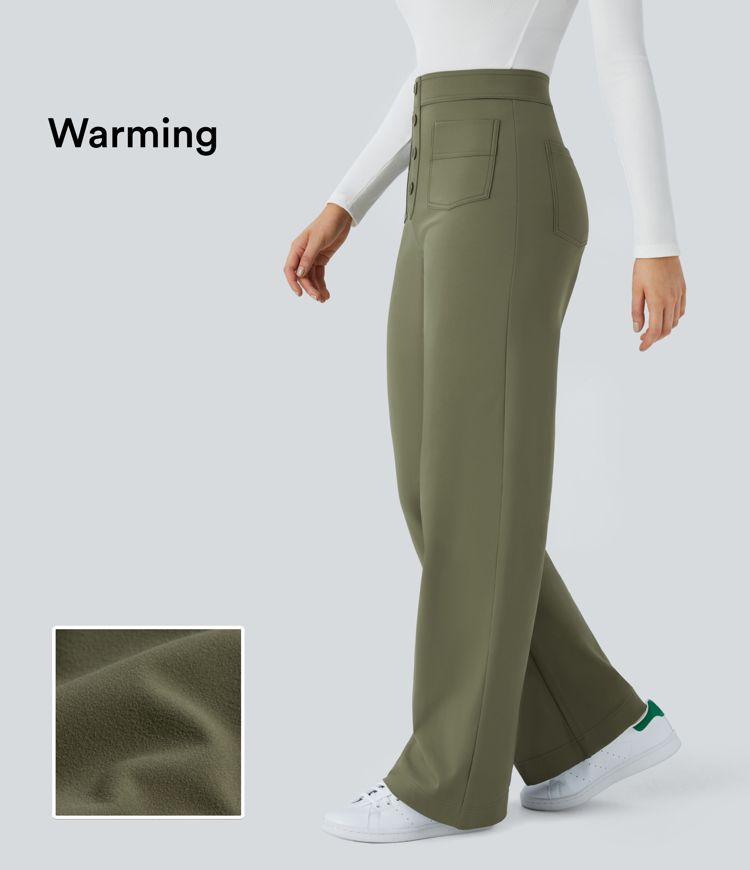 pantalones casuales de pierna recta con bolsillos y cintura alta de felpa térmica softlyzero