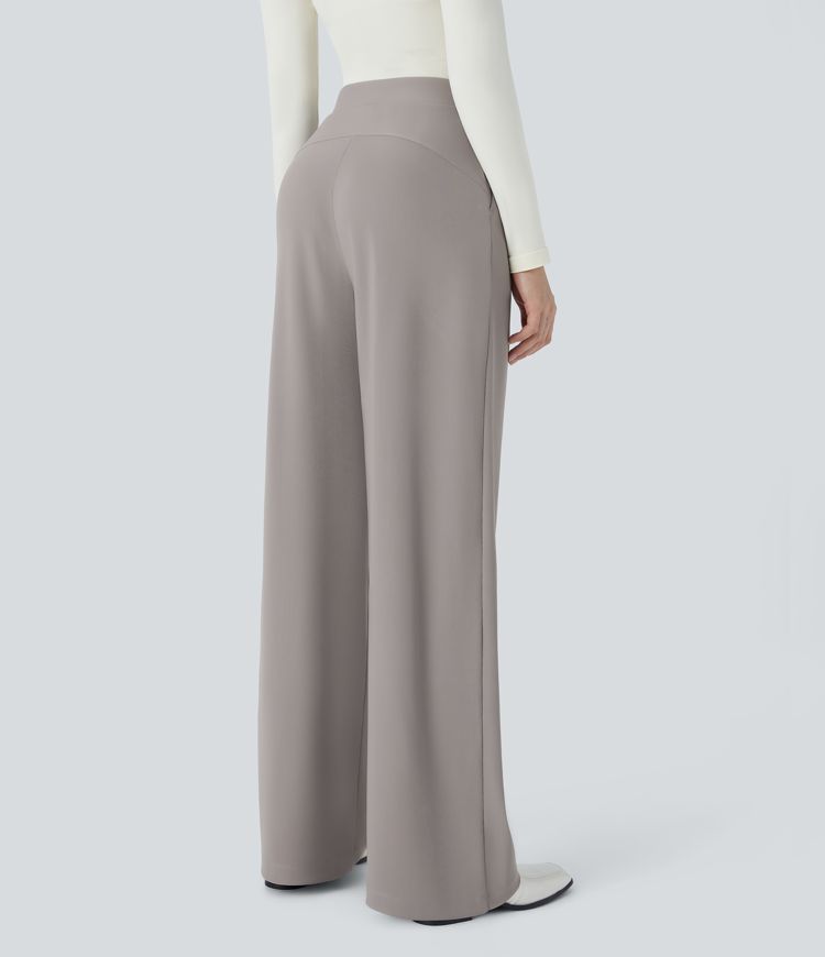 pantalones de trabajo halara flex de cintura alta moldeadores de cuerpo con bolsillos pernera ancha y microgofre