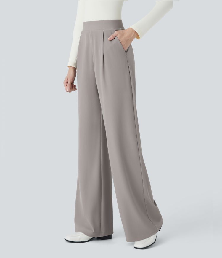 pantalones de trabajo halara flex de cintura alta moldeadores de cuerpo con bolsillos pernera ancha y microgofre