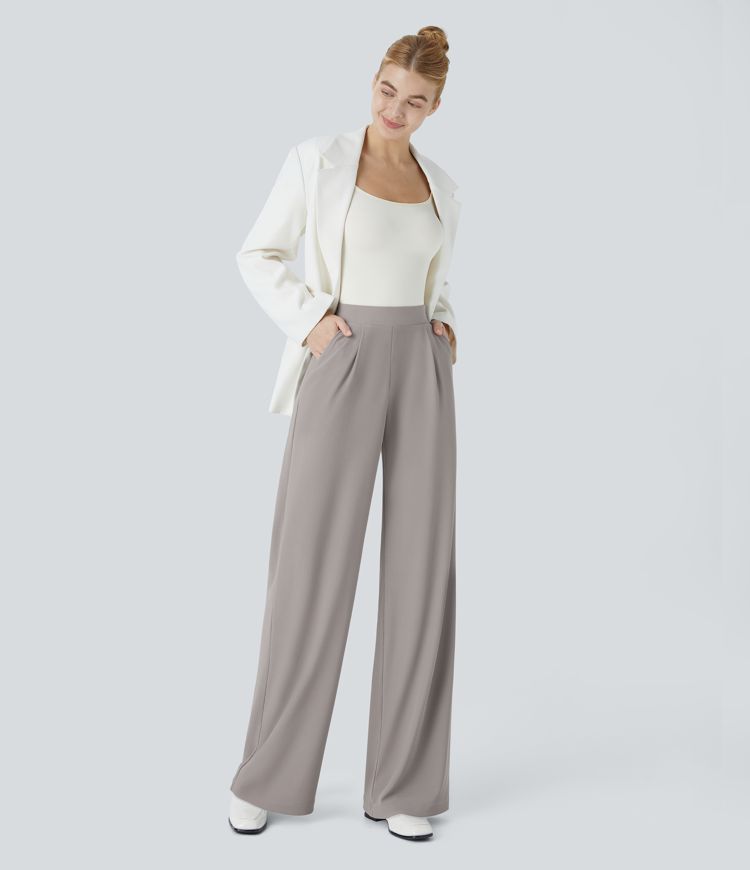 pantalones de trabajo halara flex de cintura alta moldeadores de cuerpo con bolsillos pernera ancha y microgofre