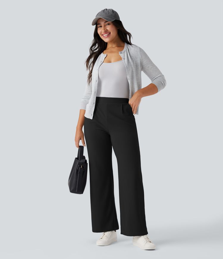 pantalones de trabajo halara flex de cintura alta control de abdomen modeladores corporales adelgazantes de pierna ancha y microgofre con bolsillos