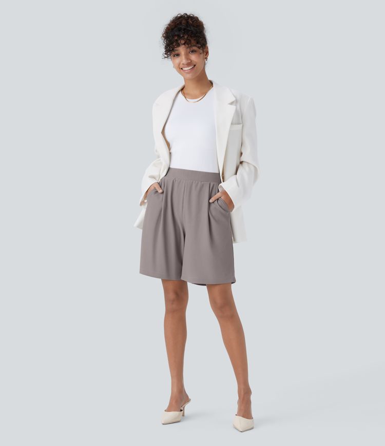 pantalones cortos de trabajo de cintura alta con microgofre y bolsillo que esculpen la cintura
