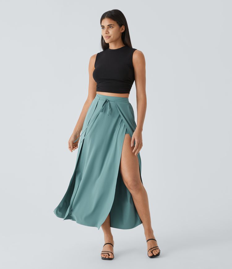falda maxi informal 2 en 1 de secado rápido fluida con cintura alta y lazo frontal breezeful