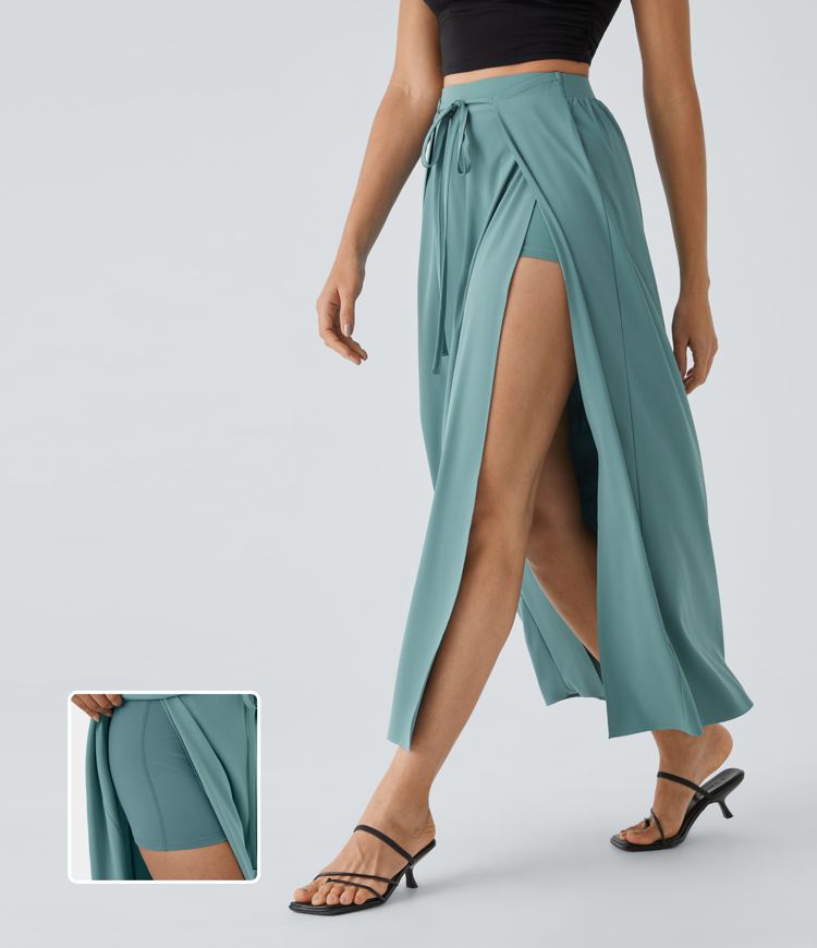 falda maxi informal 2 en 1 de secado rápido fluida con cintura alta y lazo frontal breezeful