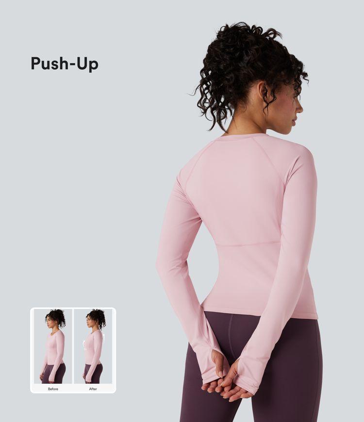 top deportivo de yoga con mangas largas y push up con abertura para el pulgar