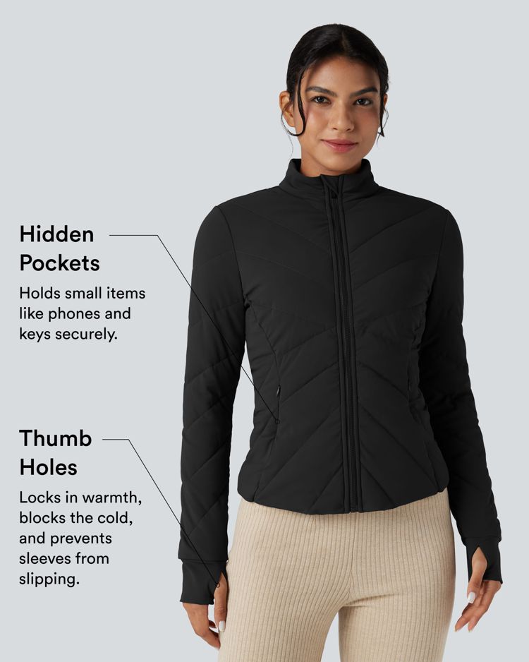 chaqueta acolchada informal puffflex de manga larga con cuello alto y abertura para el pulgar con bolsillos