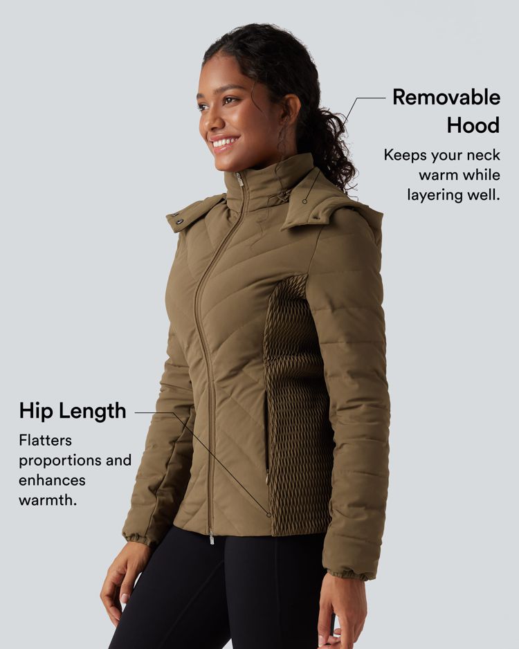 chaqueta acolchada informal fruncida con capucha extraíble y bolsillos puffflex