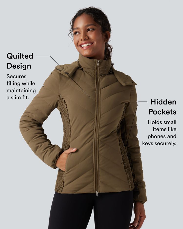 chaqueta acolchada informal fruncida con capucha extraíble y bolsillos puffflex