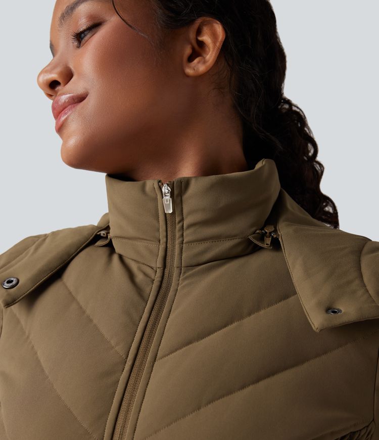 chaqueta acolchada informal fruncida con capucha extraíble y bolsillos puffflex