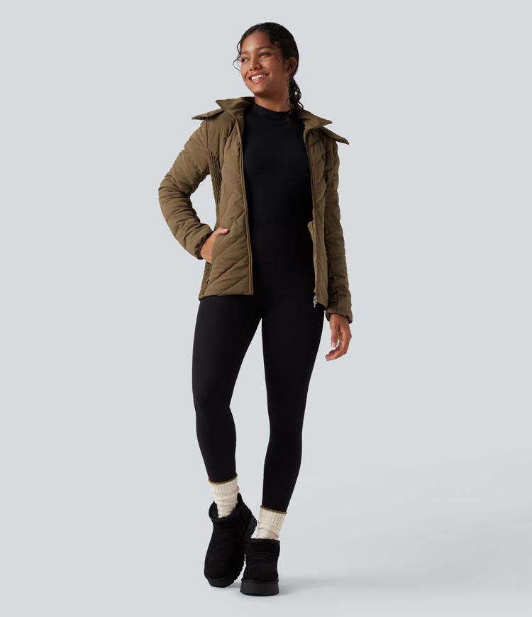 chaqueta acolchada informal fruncida con capucha extraíble y bolsillos puffflex