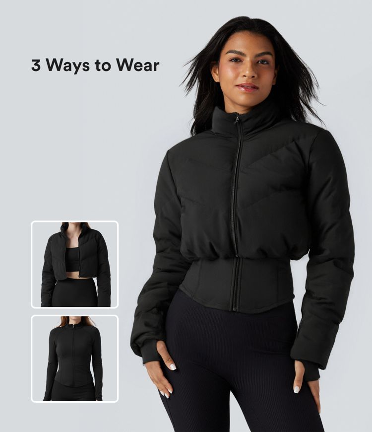 chaqueta acolchada informal corta puffflex 3 en 1 con cuello alto dobladillo curvo y aberturas para los pulgares con bolsillo