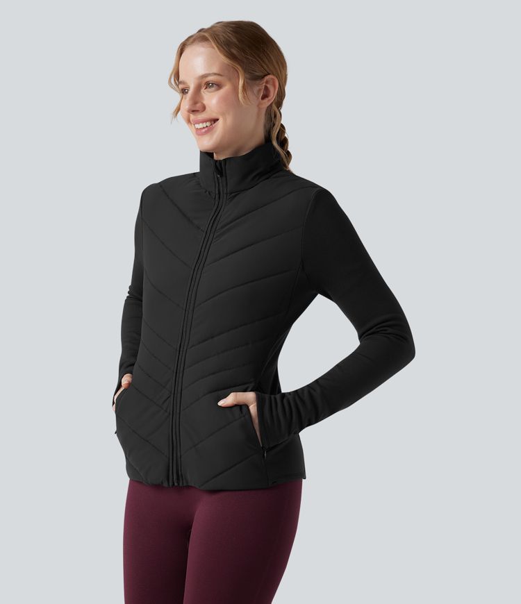 chaqueta acolchada para correr de manga larga con cuello alto cremallera y bolsillos