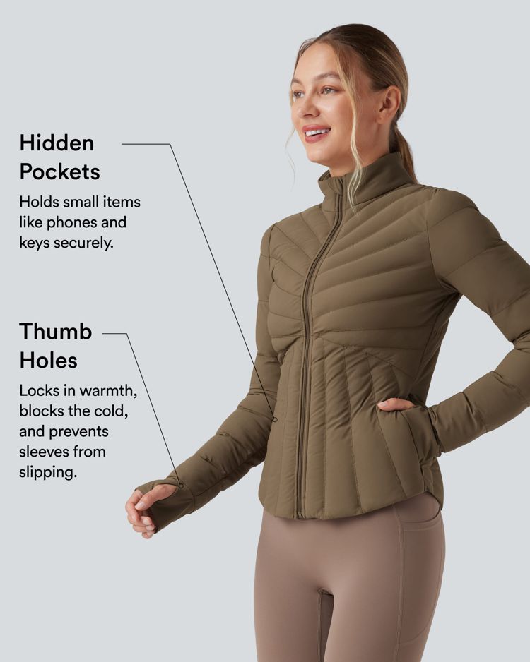 chaqueta acolchada de entrenamiento elástica puffflex con cuello alto aberturas para los pulgares y bolsillos