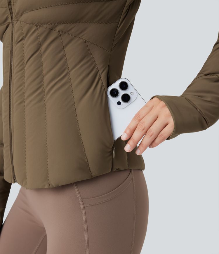 chaqueta acolchada de entrenamiento elástica puffflex con cuello alto aberturas para los pulgares y bolsillos