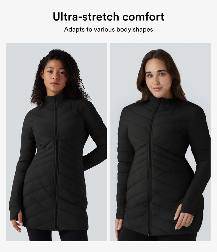 chaqueta acolchada informal ajustada y elástica con cuello alto manga larga aberturas para los pulgares dobladillo con cremallera y bolsillos.