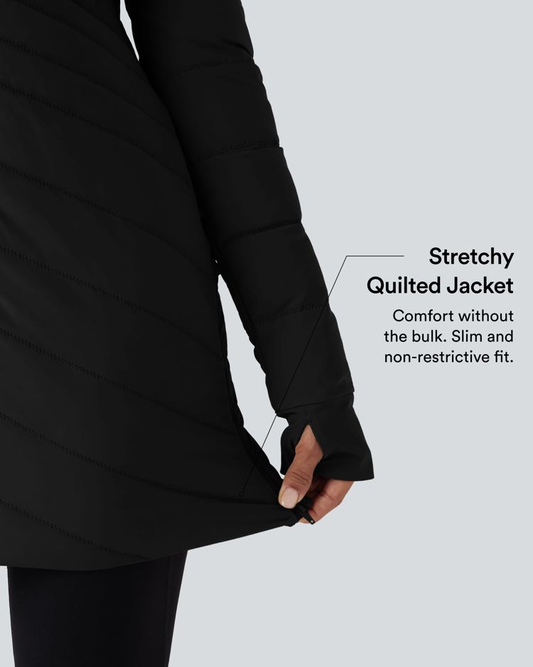 chaqueta acolchada informal ajustada y elástica con cuello alto manga larga aberturas para los pulgares dobladillo con cremallera y bolsillos.