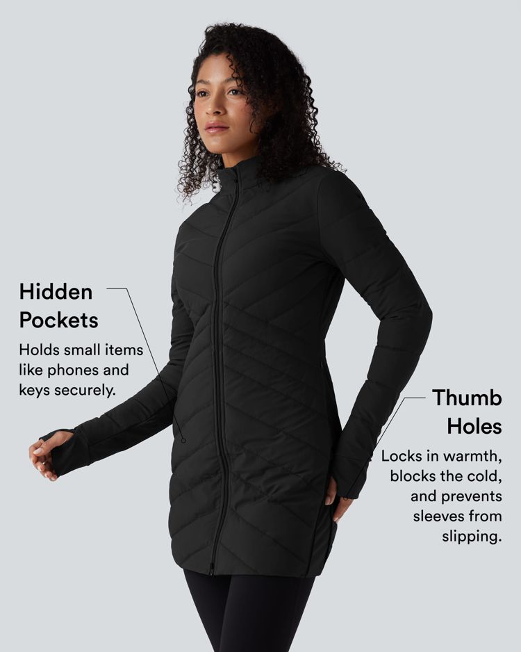 chaqueta acolchada informal ajustada y elástica con cuello alto manga larga aberturas para los pulgares dobladillo con cremallera y bolsillos.