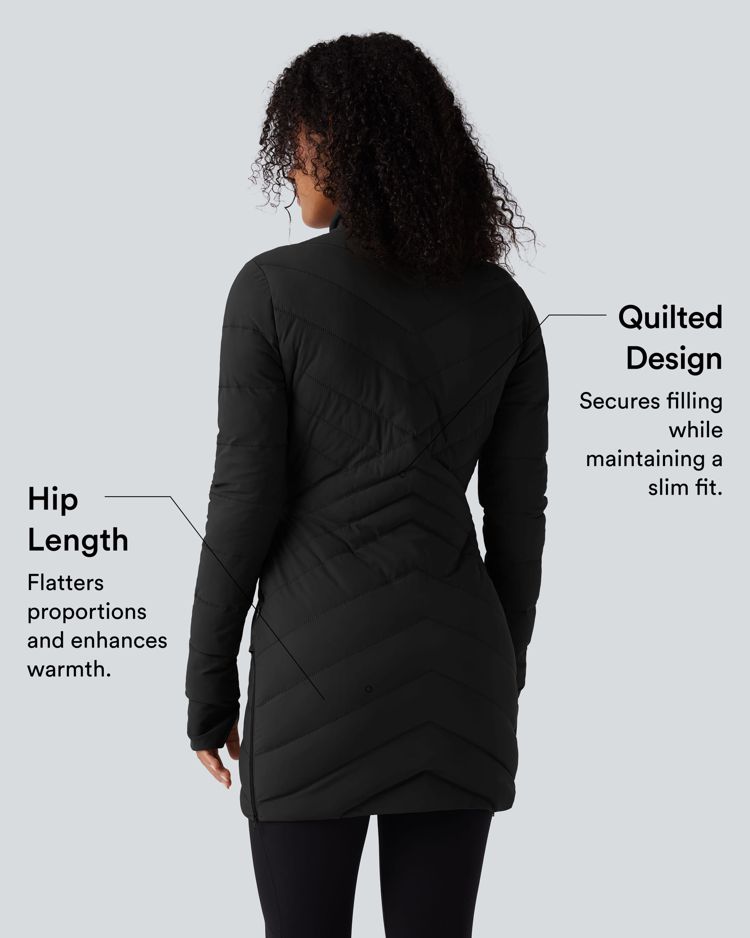 chaqueta acolchada informal ajustada y elástica con cuello alto manga larga aberturas para los pulgares dobladillo con cremallera y bolsillos.
