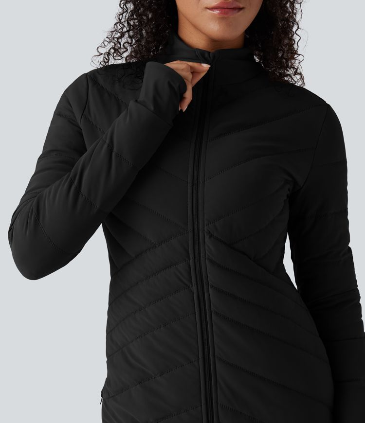 chaqueta acolchada informal ajustada y elástica con cuello alto manga larga aberturas para los pulgares dobladillo con cremallera y bolsillos.