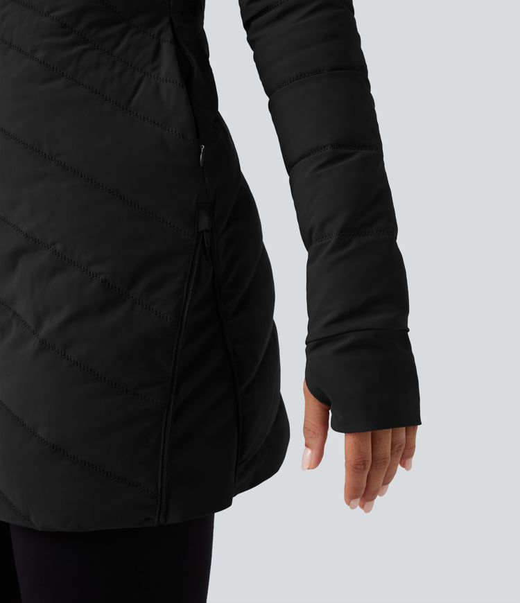 chaqueta acolchada informal ajustada y elástica con cuello alto manga larga aberturas para los pulgares dobladillo con cremallera y bolsillos.