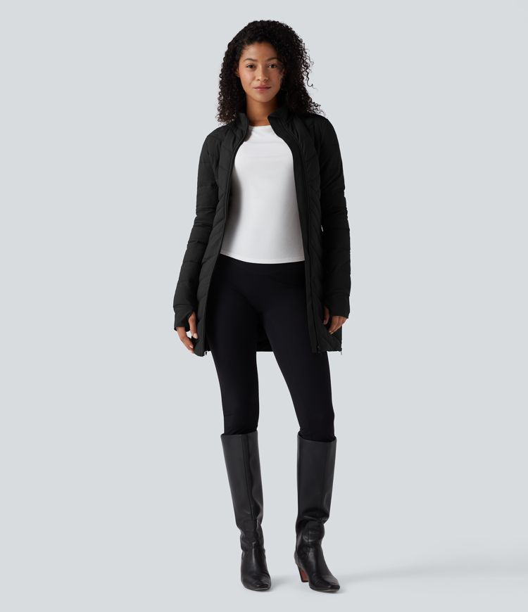 chaqueta acolchada informal ajustada y elástica con cuello alto manga larga aberturas para los pulgares dobladillo con cremallera y bolsillos.